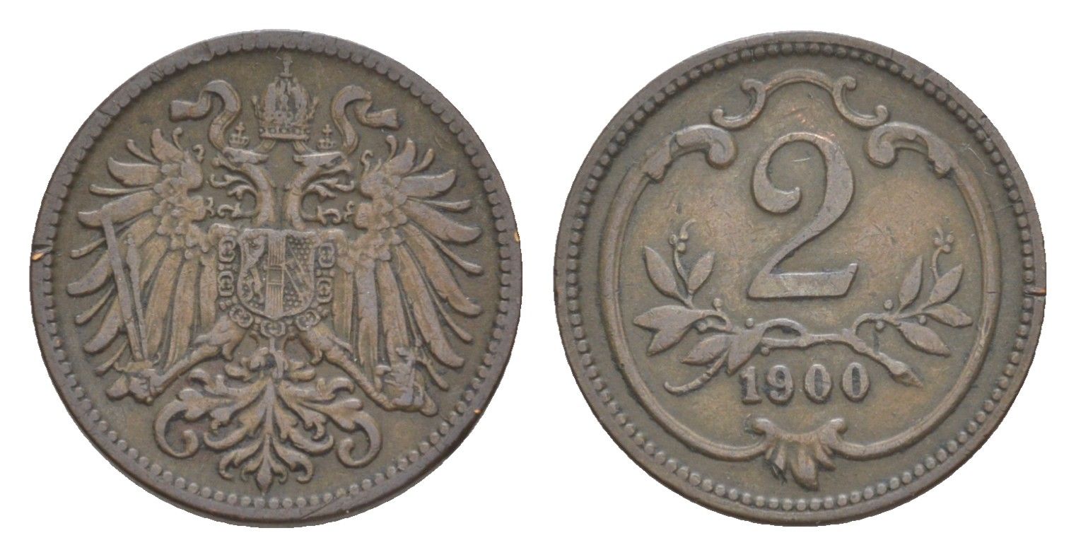 Австрия 2 геллера 1900 Франц Иосиф I (1848-1916) KM 2801 бронза 4639-1016