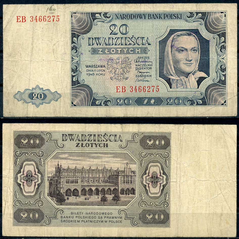 Польша 20 злотых 1948 женщина, торговые ряды в Кракове, 2 буквы в серии Pick 137 (2) бумага 8607-81-3-2