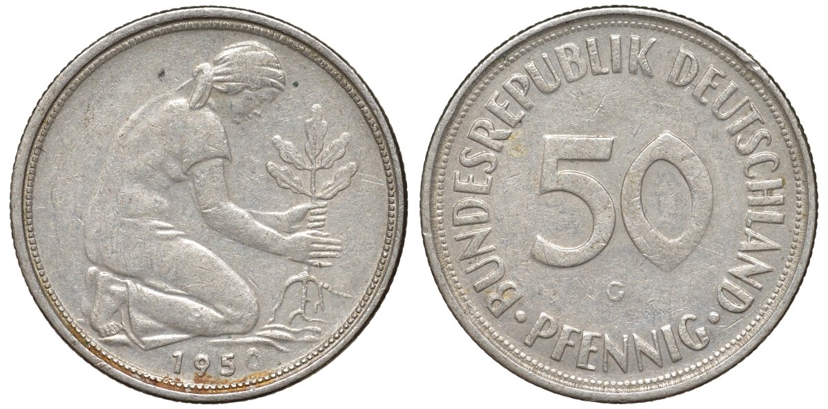 ФРГ 50 пфеннигов 1950 G KM 109, J. 384 медно-никель 4132-641