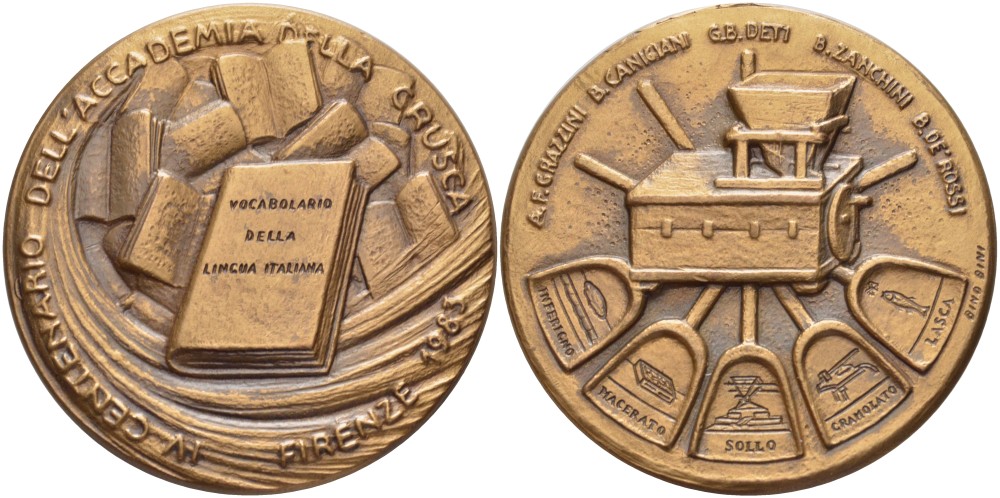 ИТАЛИЯ МЕДАЛЬ 1983 400 ЛЕТ СО ДНЯ ОСНОВАНИЯ АКАДЕМИИ ДЕЛЛА КРУСКА 1683-1983, АКАДЕМИЯ СОСТОИТ ИЗ ЗНАТОКОВ И ЭКСПЕРТОВ В ОБЛАСТИ ЛИНГВИСТИКИ И ФИЛОЛОГИИ ИТАЛЬЯНСКОГО ЯЗЫКА, ДИАМЕТР 50 ММ. томпак 1089-6-13