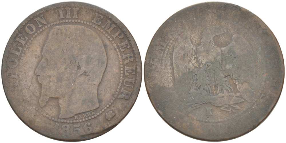 ФРАНЦИЯ 5 САНТИМОВ 1856 K, НАПОЛЕОН III (1852-1870) KM 777.5, LE FRANC 116.34 бронза 217-216