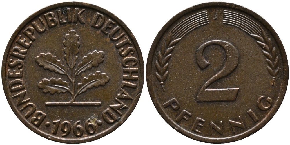 ФРГ 2 пфеннига 1966 J KM 106, J.381 бронза 33-227