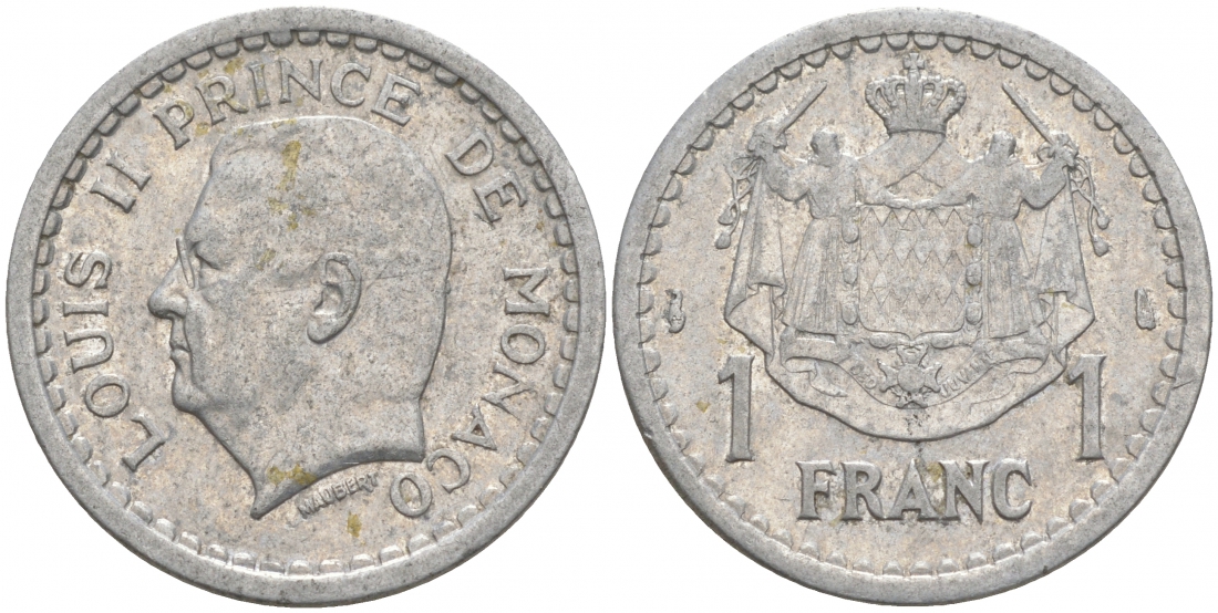 Монако 1 франк 1943 Луи II (1922-1949) KM 120 алюминий 73-337