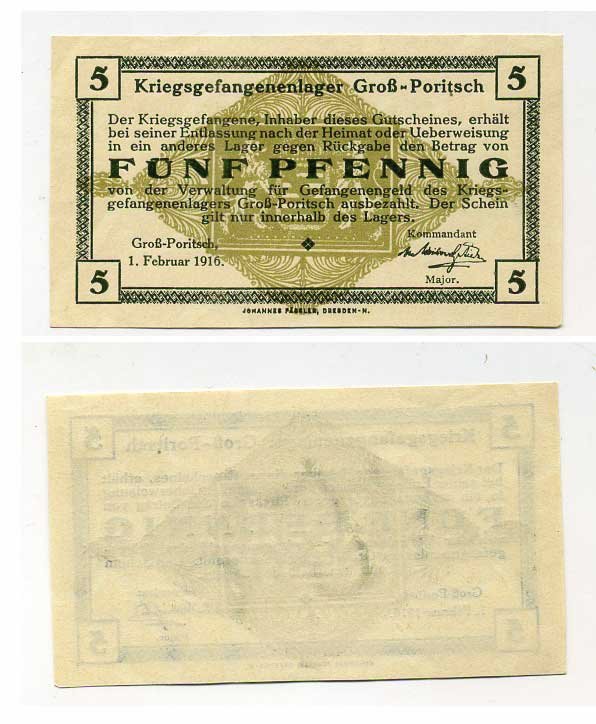 ГЕРМАНИЯ 5 ПФЕННИГОВ ND GROSS-PORITSCH, ЛАГЕРЬ ВОЕННОПЛЕННЫХ C-3045 бумага UNC (пресс) 504-22-2-1