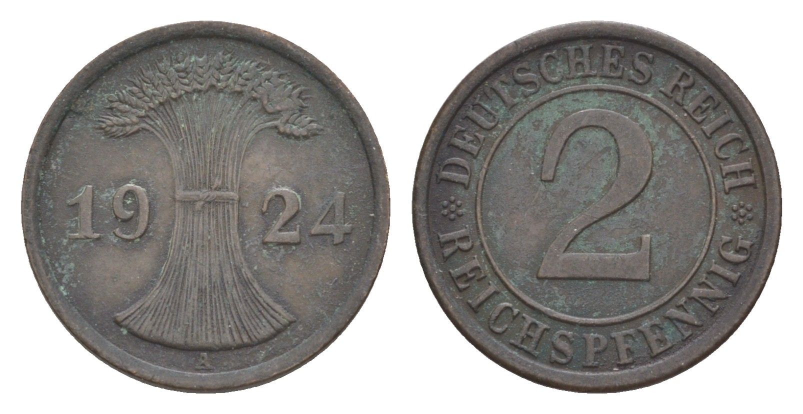 Германия 2 рейхспфеннига 1924 A KM 38, J.314, Weege 4 медь 4639-1224