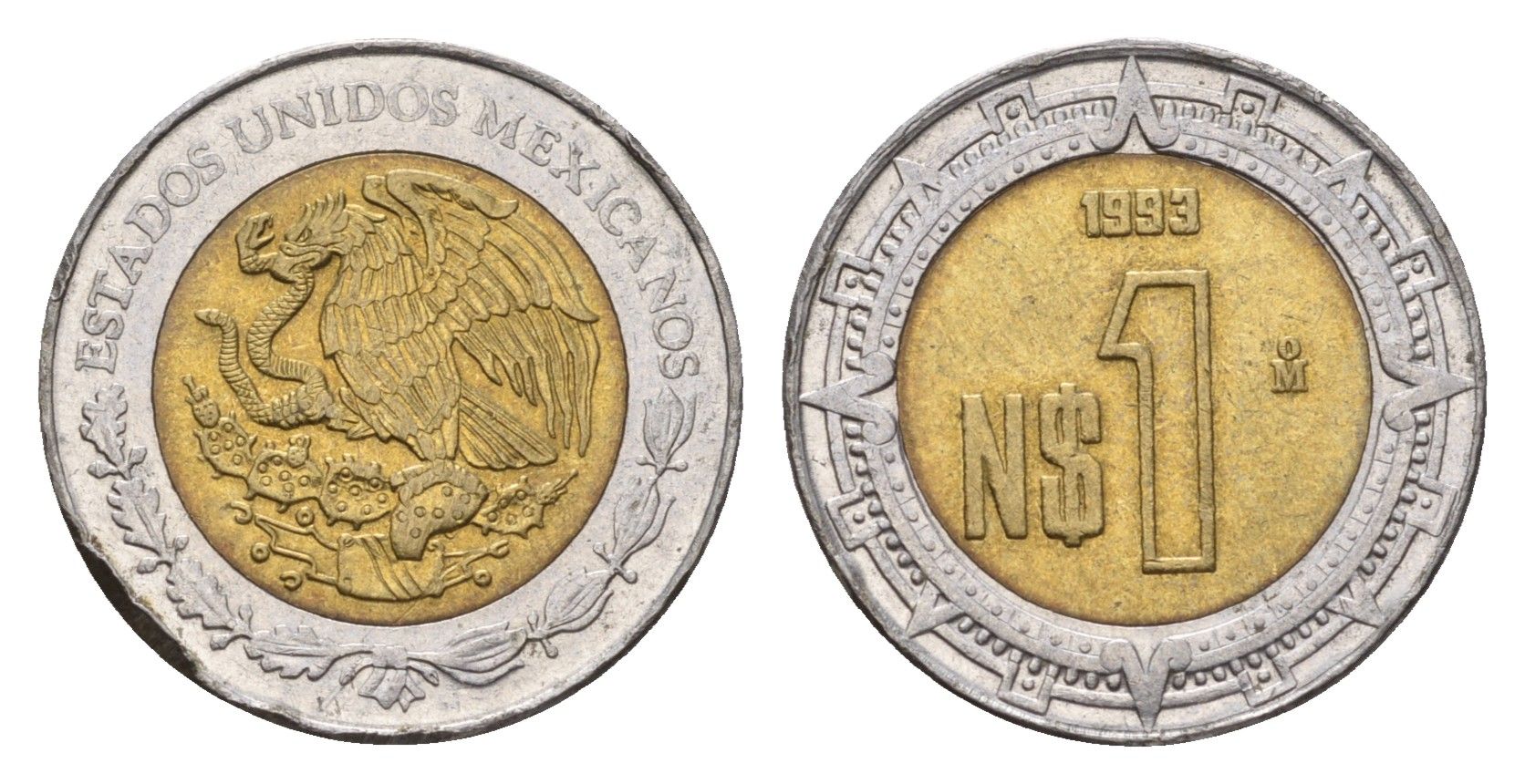 Мексика 1 новый песо 1993 KM 550 биметалл 188-559
