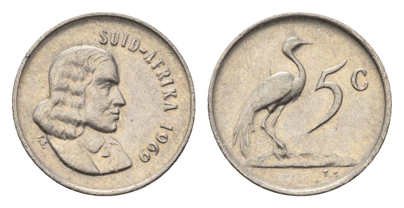 ЮАР 5 центов 1969 Ян ван Рибек (1619-1677), Suid Africa, легенда на африкаанс, райский журавль KM 67.2 медно-никель 4694-428