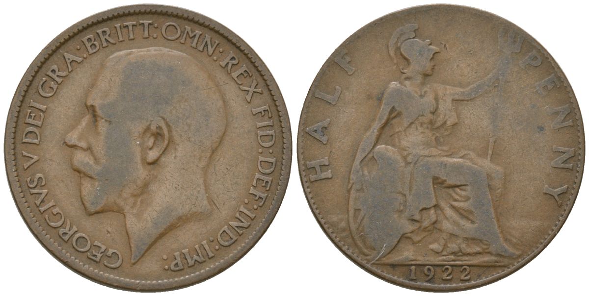 Великобритания 1/2 пенни 1922 Георг V (1910-1936) KM 809, Spink 4056 бронза 4163-942