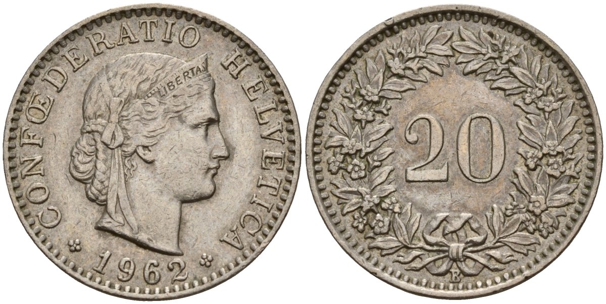 Швейцария 20 раппенов 1962 B KM 29a медно-никель 4187-552
