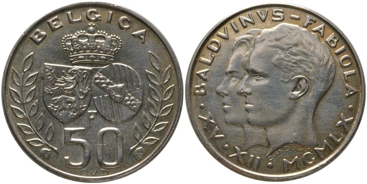 Бельгия 50 франков 1960 свадьба короля Бодуэна и доны Фабиолы де Мора и Арагон KM 152 серебро aUNC 4557-1135