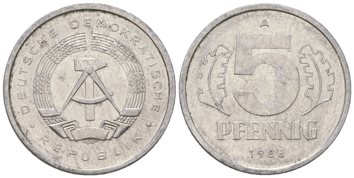 ГДР 5 пфеннигов 1988 A КМ 9.2 алюминий 3458-1249