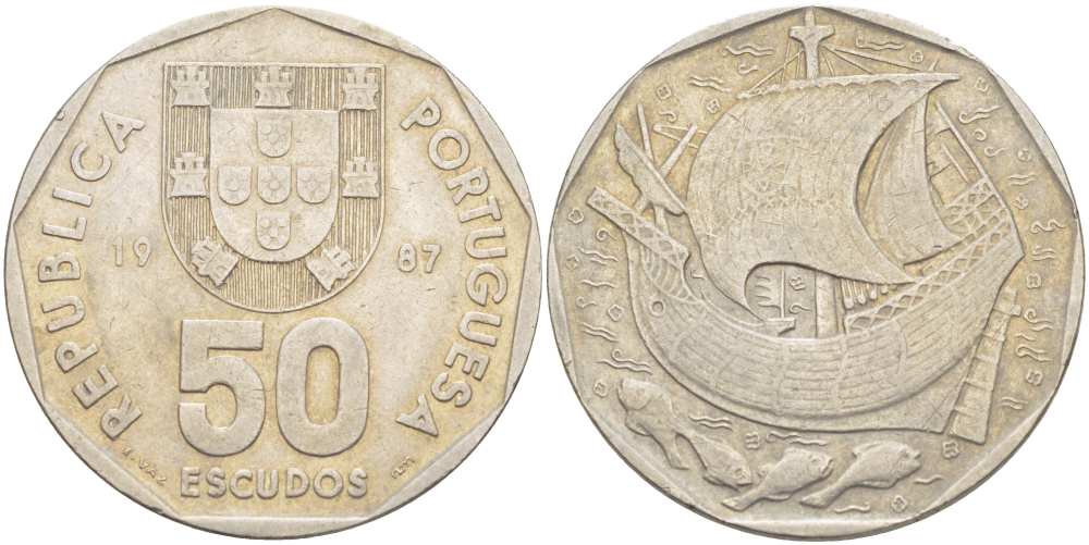 ПОРТУГАЛИЯ 50 ЭСКУДО 1987 ПАРУСНИК KM 636 медно-никель 4517-336