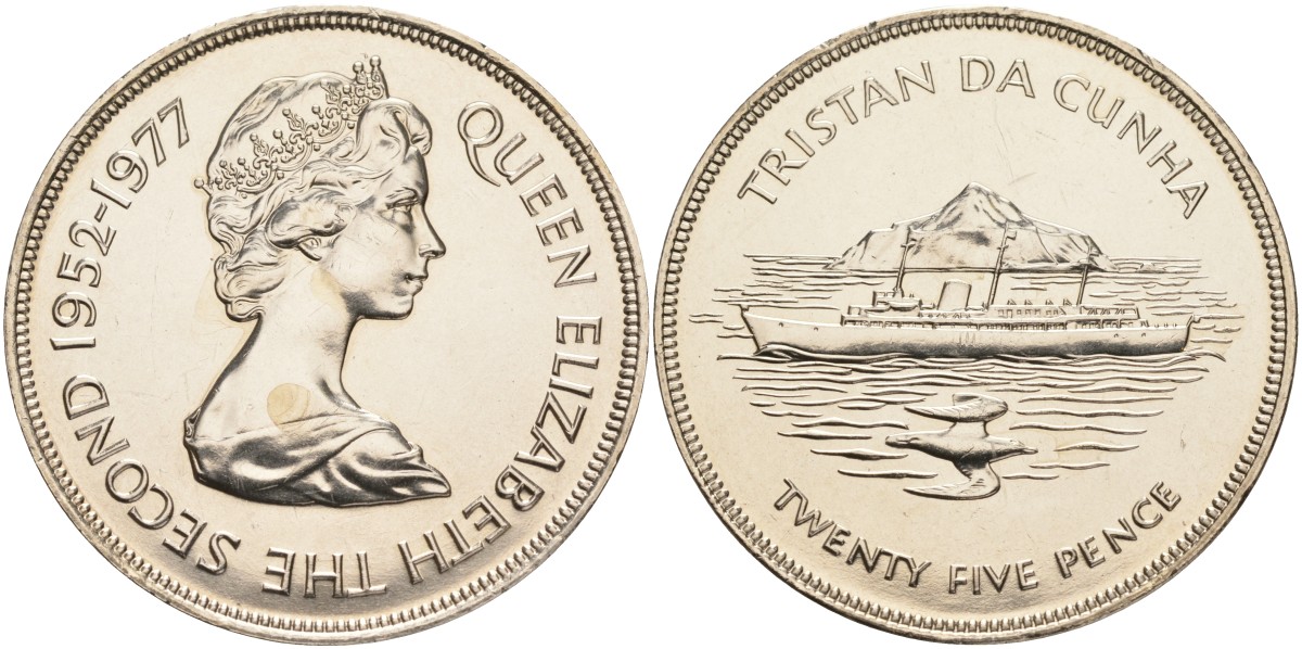 Тристан-да-Кунья 25 пенсов 1977 25 лет правления, Серебрянный Юбилей Елизаветы II, королевская яхта KM 1 медно-никель UNC 00-00