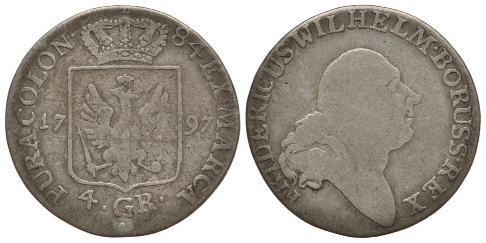 ПРУССИЯ 4 ГРОША 1797 A, ФРИДРИХ ВИЛЬГЕЛЬМ II (1786-1797) KM 362.1 серебро 1522-1025