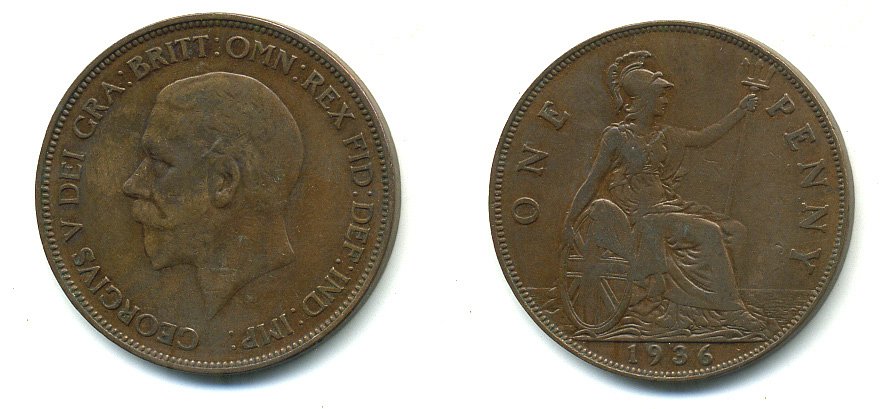 Великобритания 1 пенни 1936 Георг V (1910-1936) KM 838, Spink 4055 бронза 4110-311