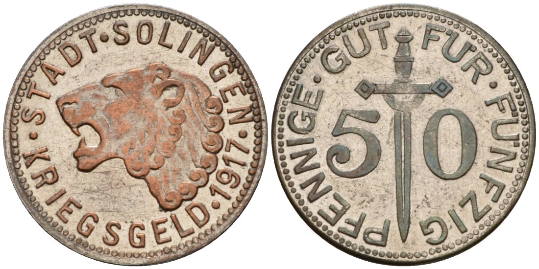 ЗОЛИНГЕН 50 пфеннигов 1917 нотгельд, КРИГСГЕЛЬД Funh 508.3a железо 4556-111