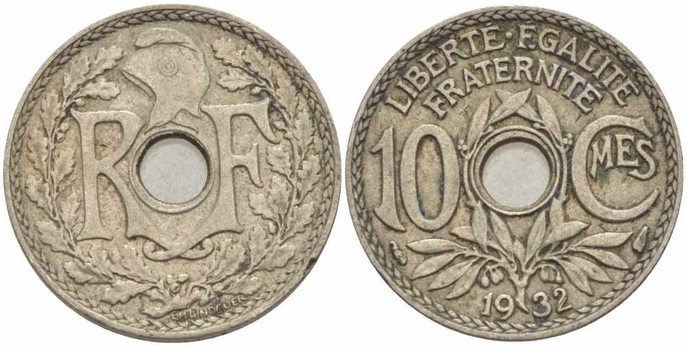 ФРАНЦИЯ 10 САНТИМОВ 1932 ТИП ЛИНДАЙЁ KM 866а, LE FRANC 138.19 медно-никель 108-215