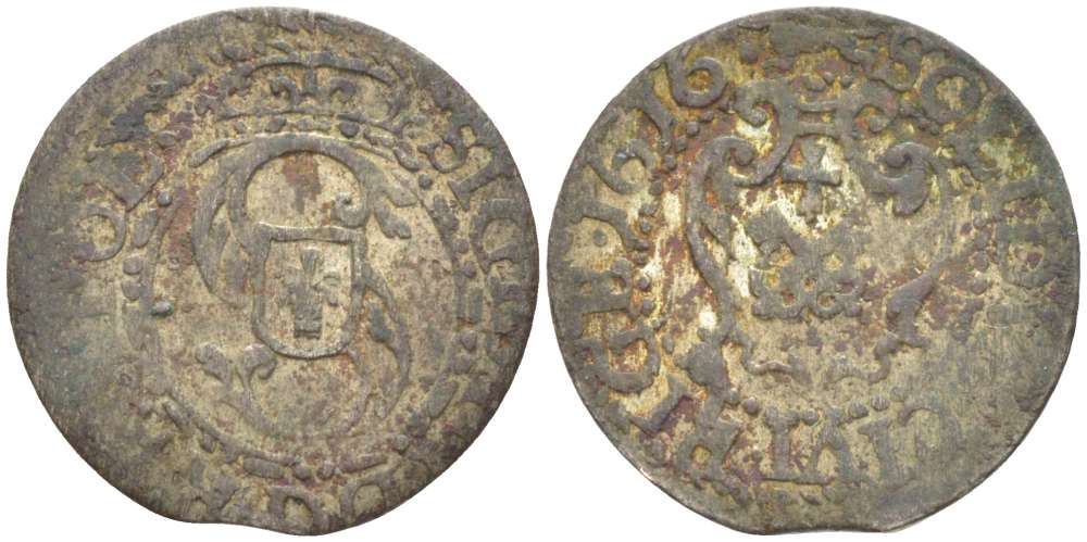 Рига 1 шиллинг (шеляг) 1616 Сигизмунд III (1587-1632), вес 0,47 гр. KM 5 серебро 1517-221