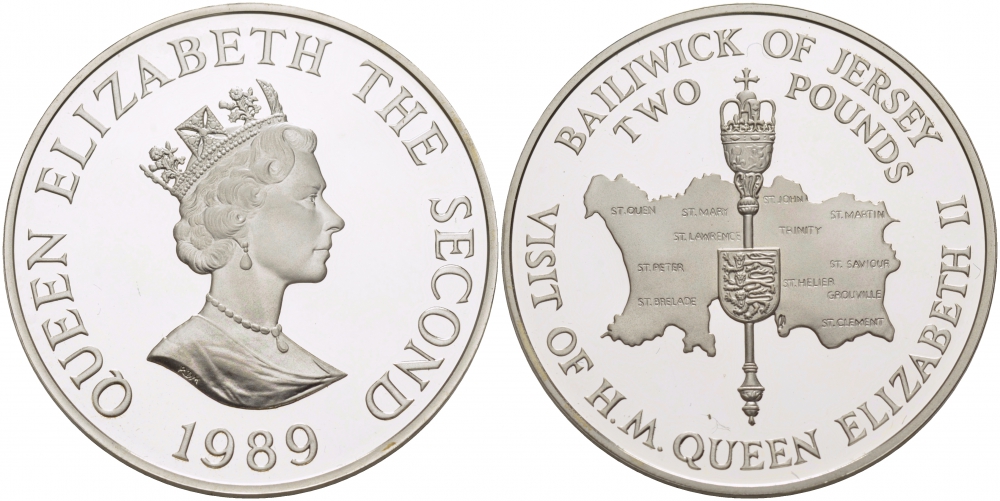 Джерси 2 фунта 1989 королевский визит, королевский жезл на карте KM 76a серебро PROOF 00-00-00