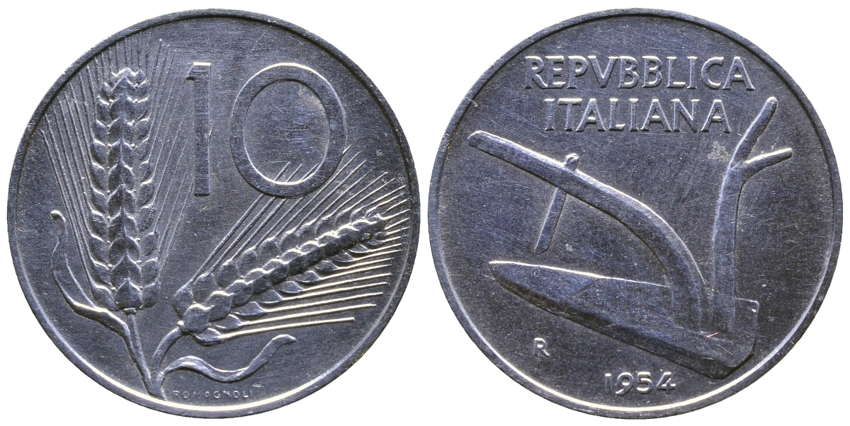 ИТАЛИЯ 10 ЛИР 1954 R, ПЛУГ KM 93 алюминий 4385-1045