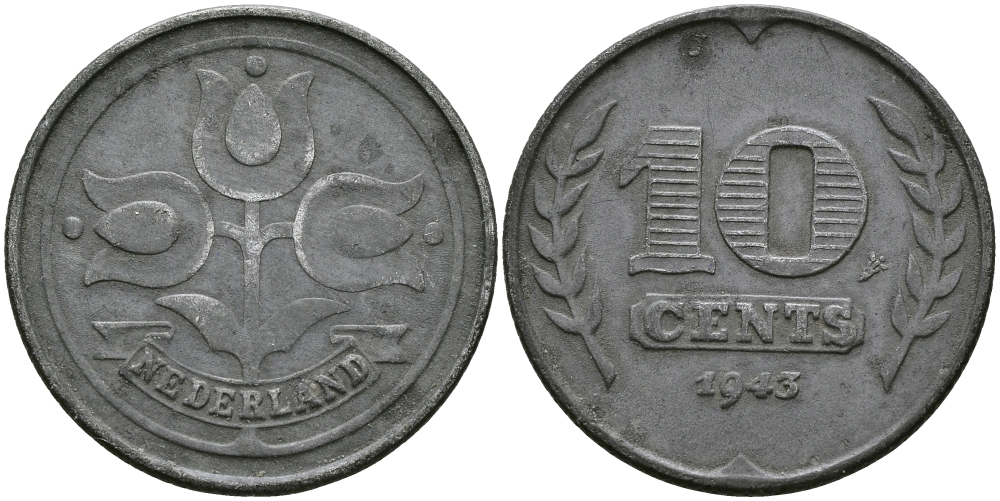 НИДЕРЛАНДЫ 10 ЦЕНТОВ 1943 ВИЛЬГЕЛЬМИНА (1890-1948) KM 173 цинк 94-556