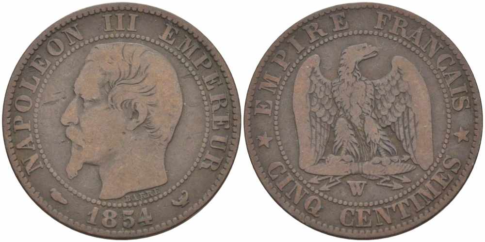 ФРАНЦИЯ 5 САНТИМОВ 1854 W, НАПОЛЕОН III (1852-1870) KM 777.7, LE FRANC 116.15 бронза 108-312