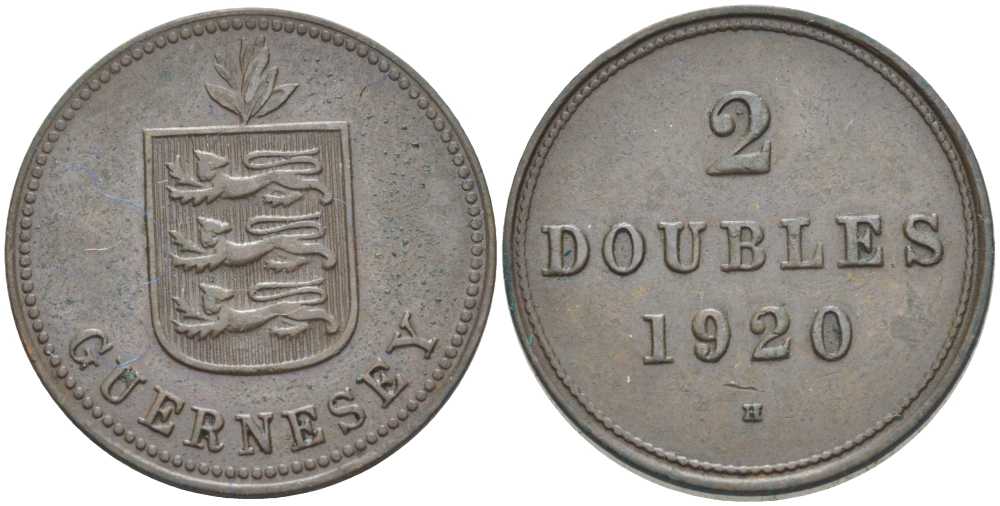 Гернси 2 дабла (дубля) 1920 H KM 12 бронза 3996-835