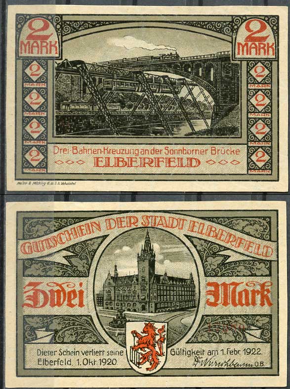 Германия, Эльберфельд 2 марки 1922 нотгельд, городские виды, серая Mehl 324.1 бумага UNC (пресс) 00-00