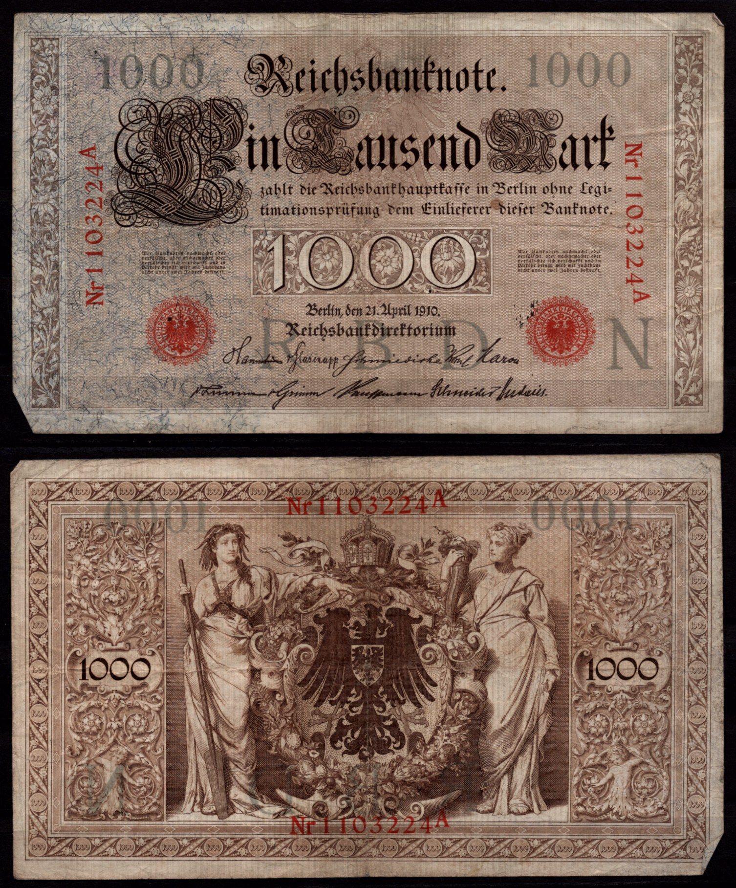 Германия 1000 марок 1910 Берлин, A; аллегорические фигуры («Мореплавание» и «Земледелие»), герб Pick 44 b бумага 7547-81-3-1