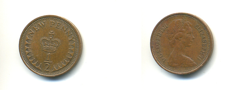 Великобритания 1/2 пенни 1971 Елизавета II (1952-2022) KM 914, Spink 4239 бронза 177-528