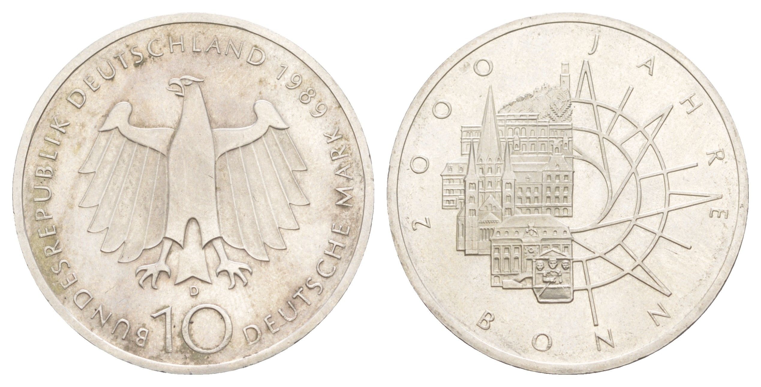 ФРГ 10 марок 1989 2000 лет городу Бонн KM 172 серебро 4634-736