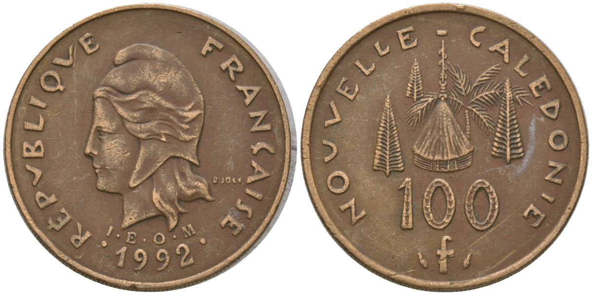 Французская Новая Каледония 100 франков 1992 хижина среди сосен и пальм, (IEOM) KM 15, Schoen 16, Lec 137 никель латунь 4140-616