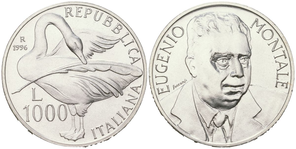 Италия 1000 лир 1996 R, 100 лет со дня рождения Эудженио Монтале KM 199 серебро BU 4367-1123