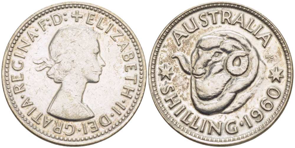 Австралия 1 шиллинг 1960 m, Елизавета II (1952-2022), овца меринос KM 59 серебро 4514-1041