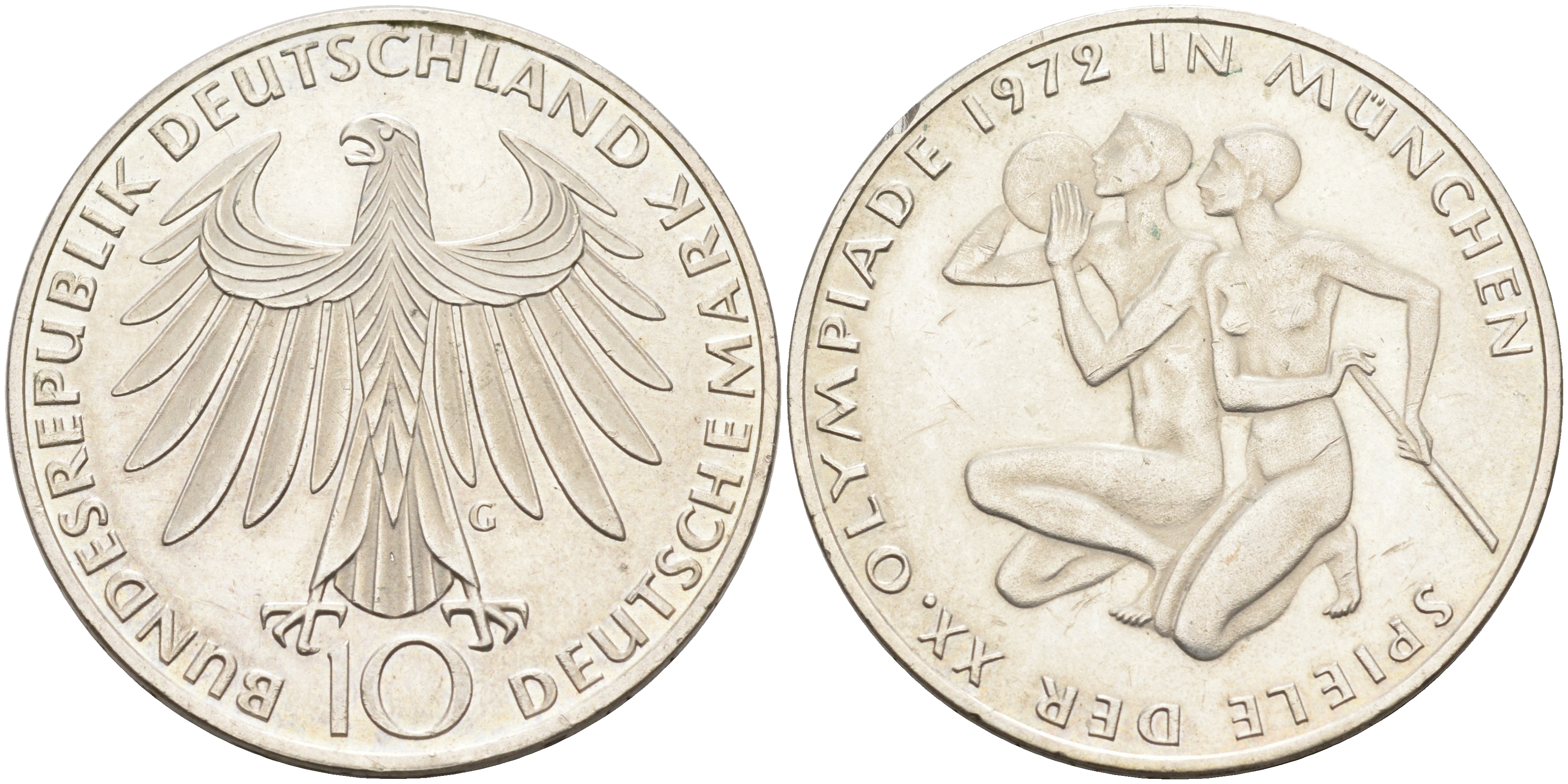 ФРГ 10 марок 1972 G, XX летние Олимпийские Игры, Мюнхен 1972, спортсмены KM 132, J. 403 серебро 4368-722