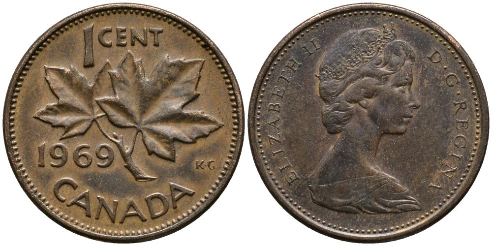 Канада 1 цент 1969 Елизавета II (1952-2022), кленовый лист KM 59.1 бронза 4549-362