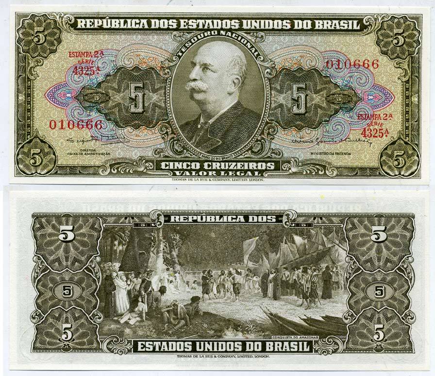 БРАЗИЛИЯ 5 КРУЗЕЙРО 1964 СЕРИЯ 4325А, БАРАО ДО РИО БРАНКО, ESTAMPA 2А Pick 176d бумага UNC (ПРЕСС) 7485-16-1