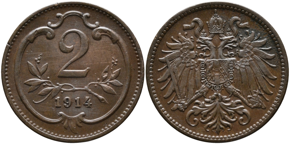 АВСТРИЯ 2 ГЕЛЛЕРА 1914 ФРАНЦ ИОСИФ (1846-1918) KM 2801 бронза 4387-1152