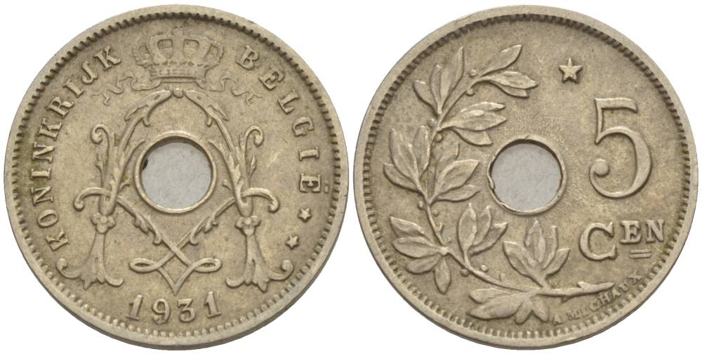 БЕЛЬГИЯ 5 САНТИМОВ 1931 BELGIE, ЗВЕЗДА НАД "5" KM 94 никель латунь 4546-124