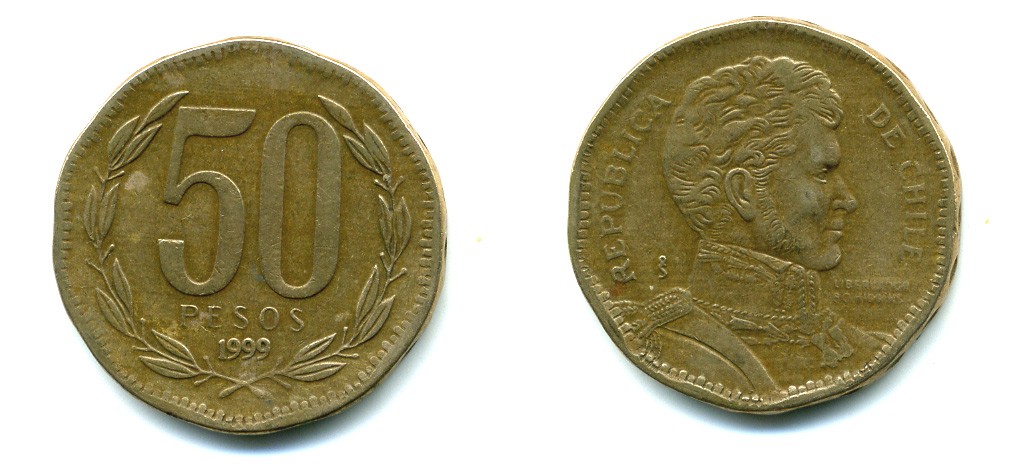 Чили 50 песо 1999 Бернардо О’Хиггинс KM 219.2 алюминиевая бронза 36-851