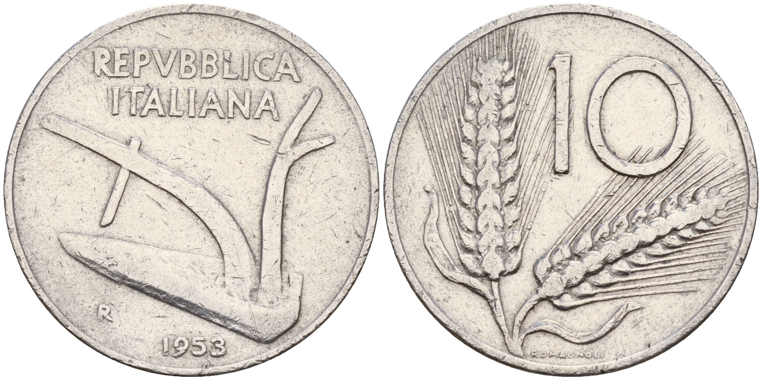 Италия 10 лир 1953 R, плуг, колосья KM 93 алюминий 4595-336