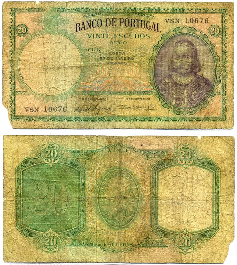 Португалия 20 эскудо 1959 27 января 1959, Антониу Луис де Менезес, 1-й маркиз Мариалва Pick 153b(5)  бумага 6285-27-1-2