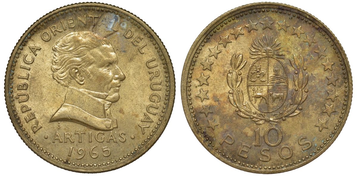 Уругвай 10 песо 1965 KM 48 алюминиевая бронза 88-415