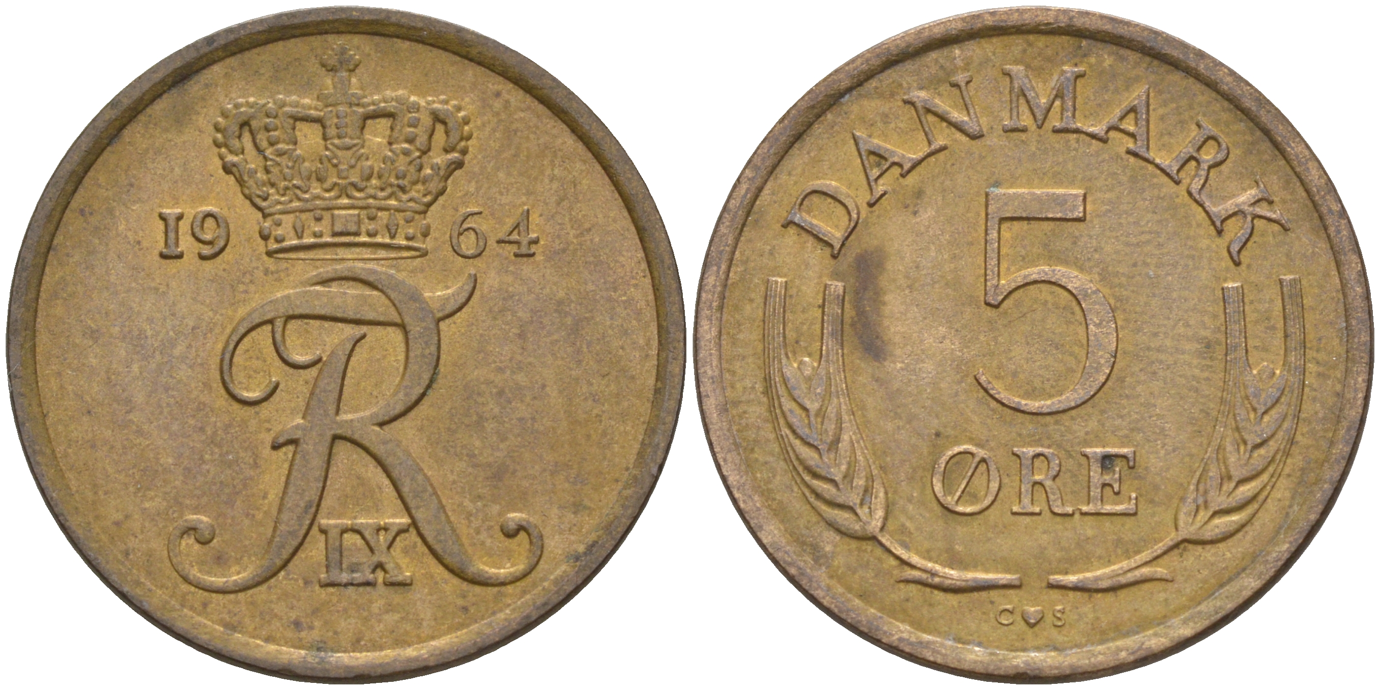 ДАНИЯ 5 ЭРЕ 1964 C; S, ФРЕДЕРИК IX (1947-1972) KM 848.1 бронза 106-112
