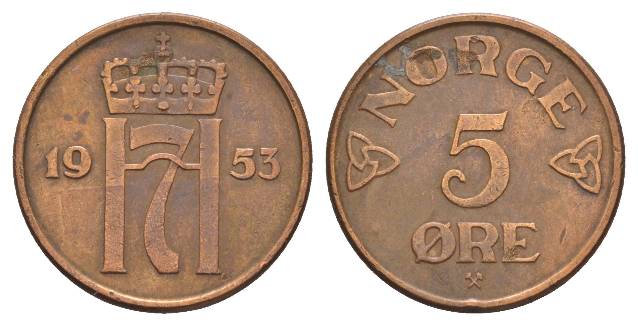 Норвегия 5 эре 1953 Хокон VII (1905-1957) KM 400 бронза 4657-217