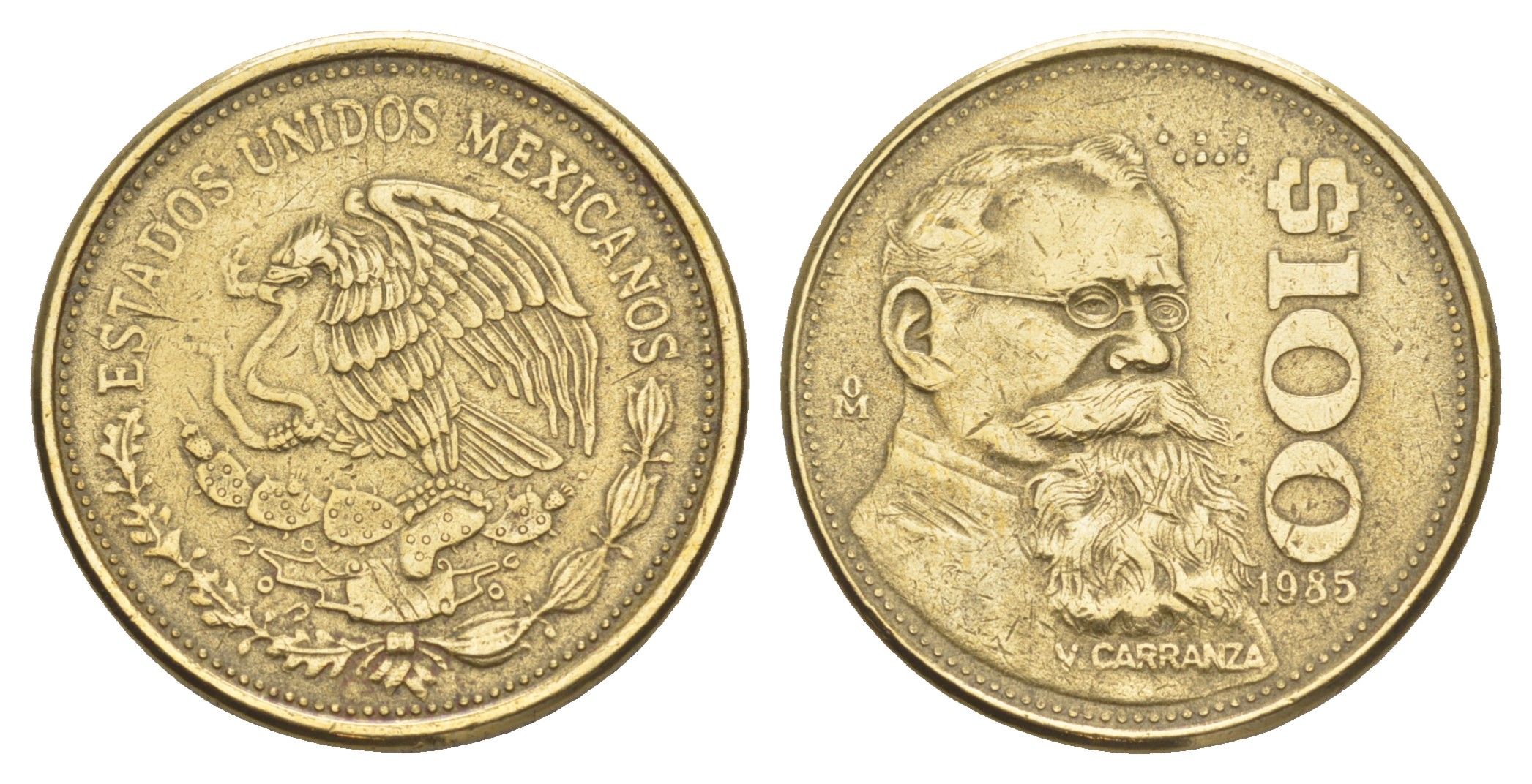 Мексика 100 песо 1985 Мо, Венустиано Карранса де ла Гарса, плоский верх 5 KM 493 алюминиевая бронза 4637-753