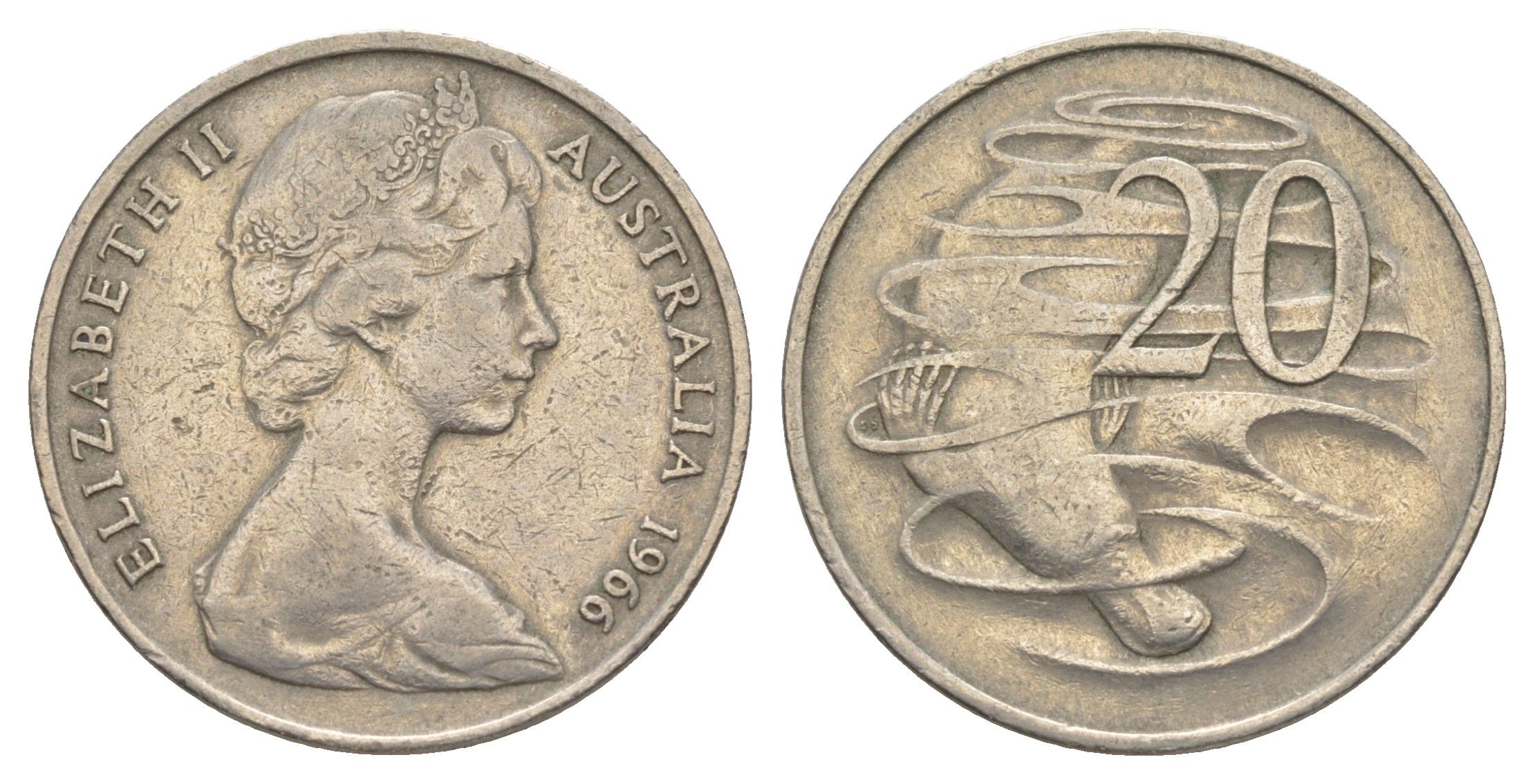 Австралия 20 центов 1966 Елизавета II (1952-2022), утконос KM 66 медно-никель 4384-717