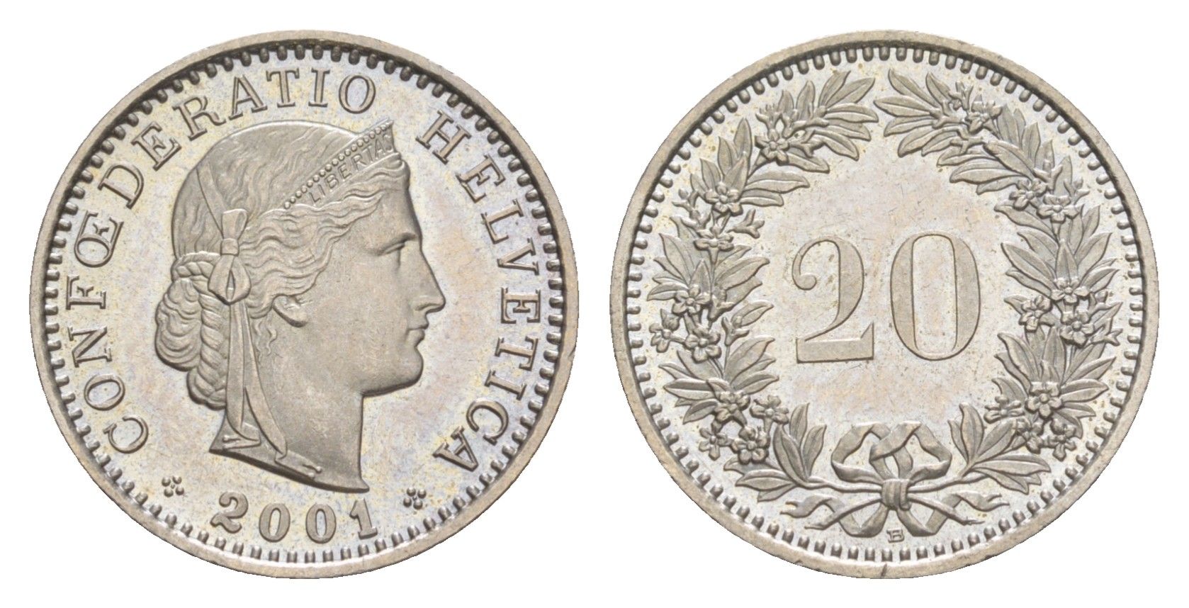 Швейцария 20 раппенов 2001 B KM 29a медно-никель UNC 4623-557