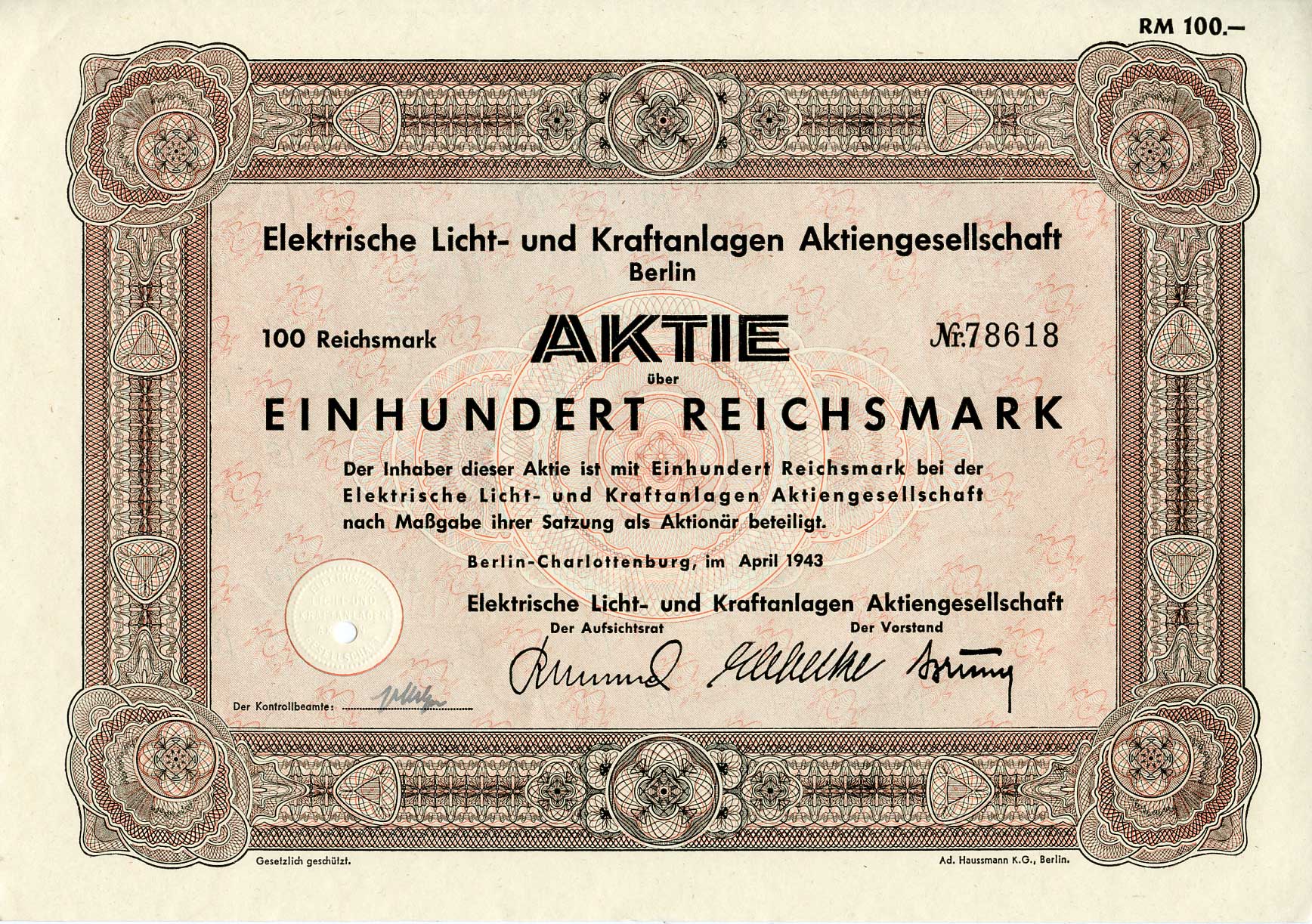 Германия 100 рейхсмарок 1943 АО Электрические осветительные и энергетические установки, Берлин, акция   бумага  8804-66-1