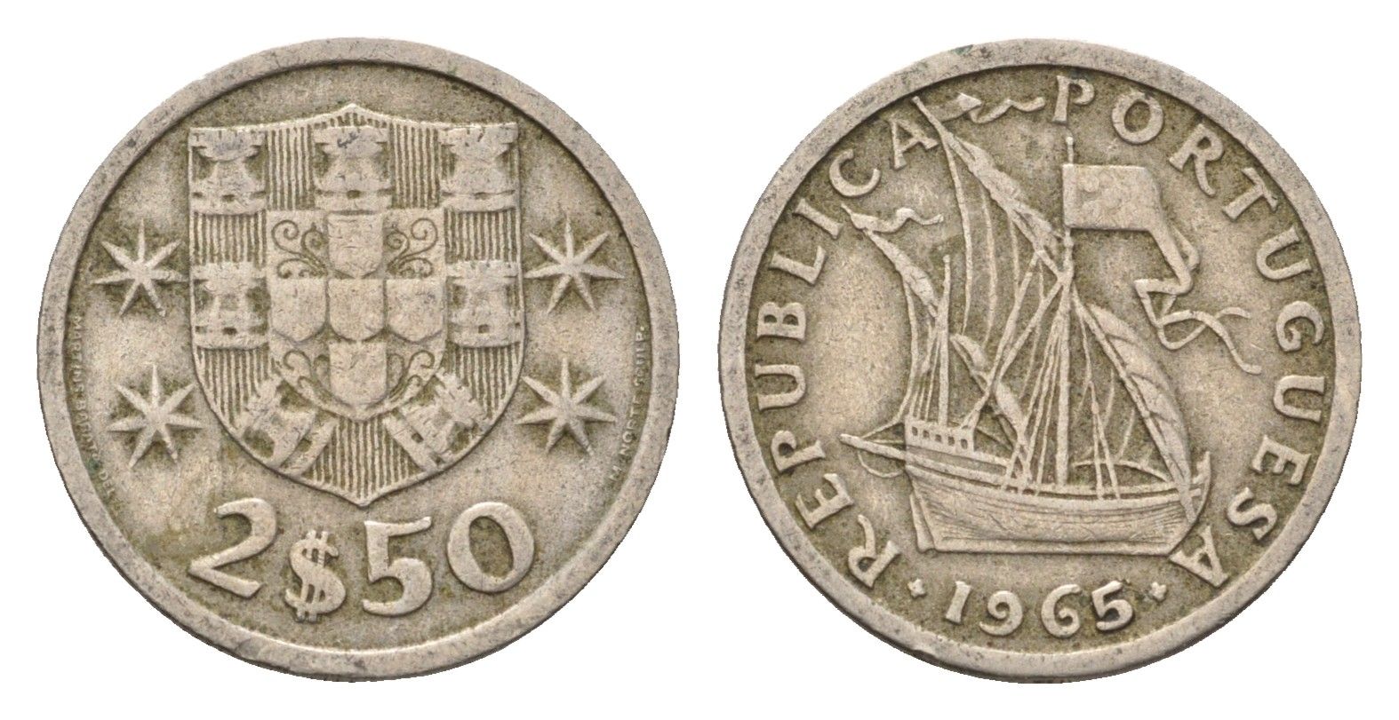 Португалия 2,5 эскудо 1965 парусник KM 590 медно-никель 4708-353